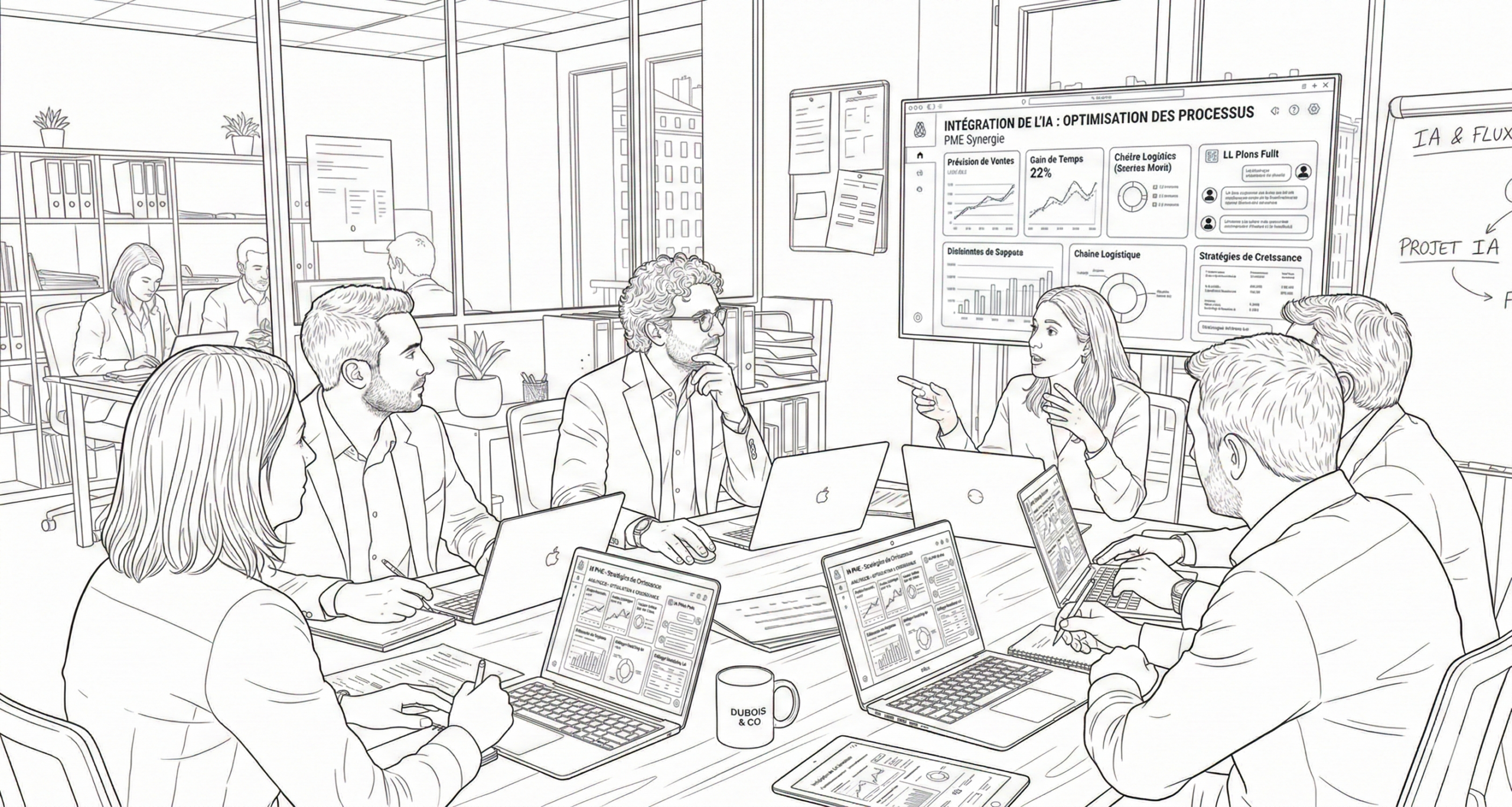 Équipe de PME en réunion de travail sur l'intégration de l'IA dans leurs processus