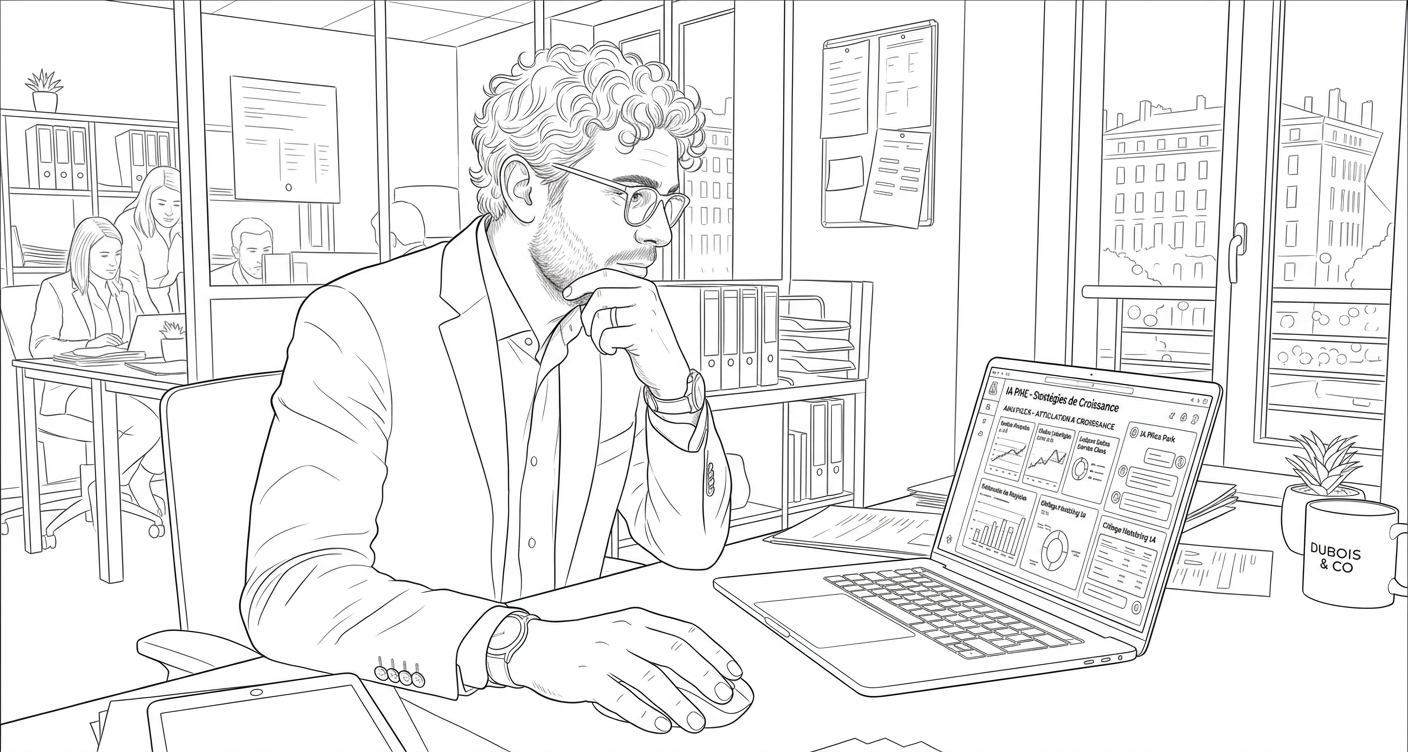 Dirigeant de PME découvrant les possibilités de l'intelligence artificielle sur son ordinateur
